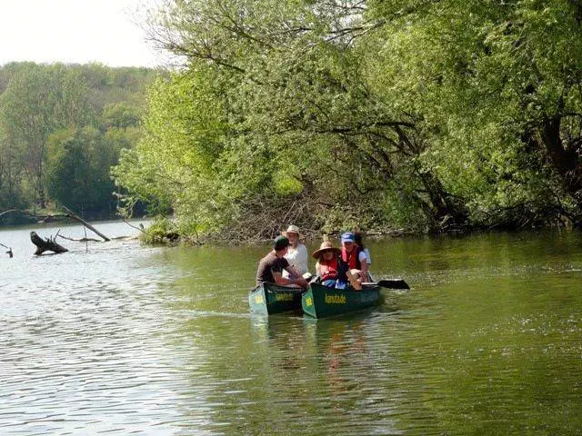 Eine Gruppe von Menschen paddelt in einem Kanu auf einem See.